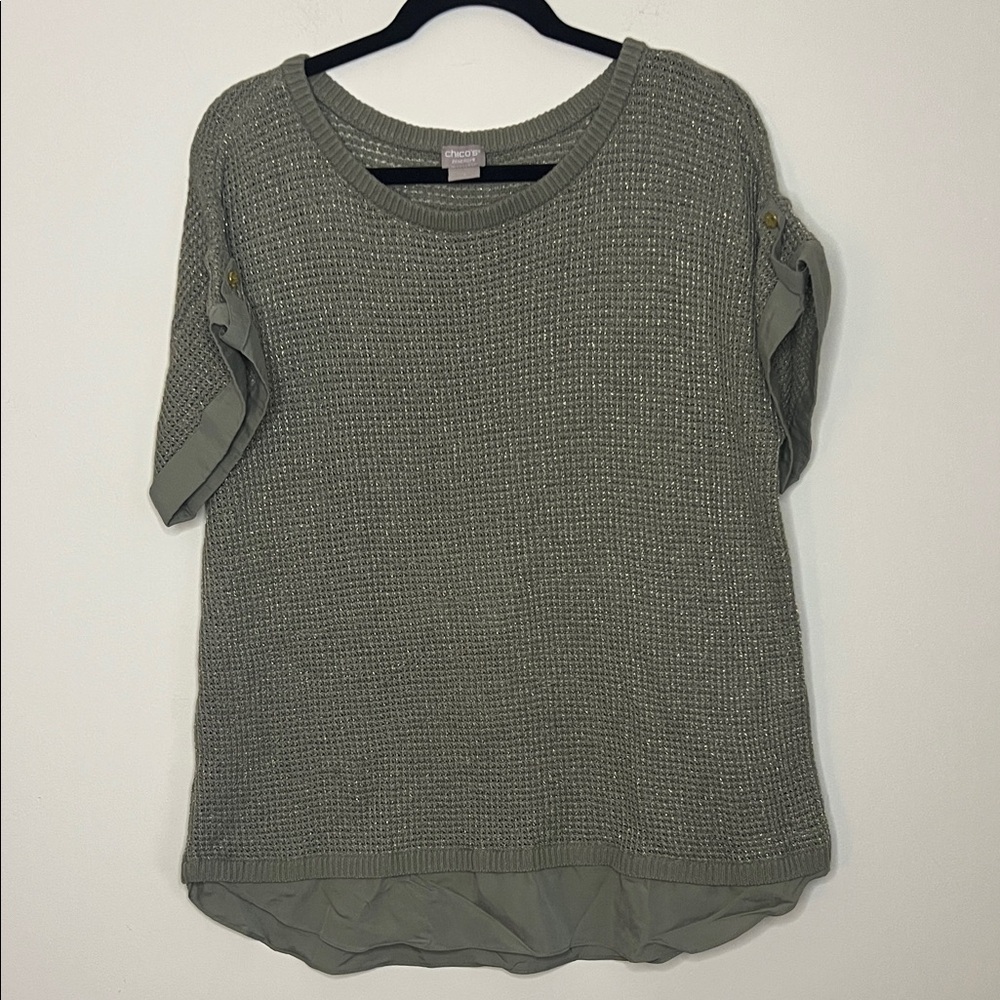 Chicos Zenergy Green Metallic Waffle Knit Shirt With Button-Tab Sleeves Sz 3(xl)